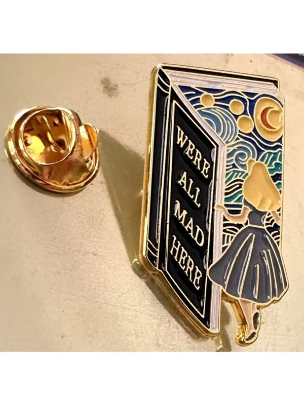 Alice in Wonderland Pin We’re All Mad Here Book Design Starry Night Rabbit Hole - Image 4