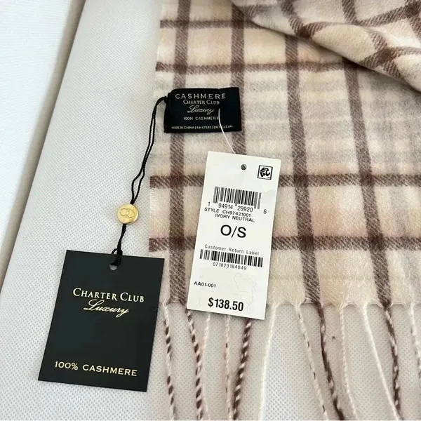 Charter Club Luxury Cashmere Plaid Scarf Ivory Neutral 2-Ply Lightweight Unisex - Image 7