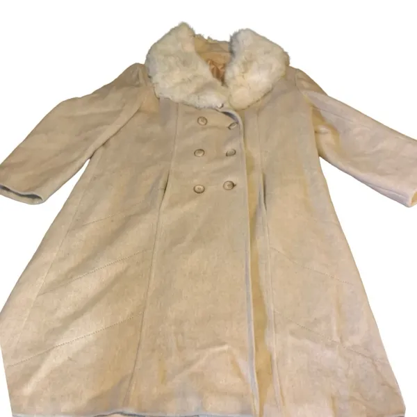 Vintage 1980'S Prime Source Ny Beige & Cream Wool & Rabbit Fur Collar Coat (L) - Image 9