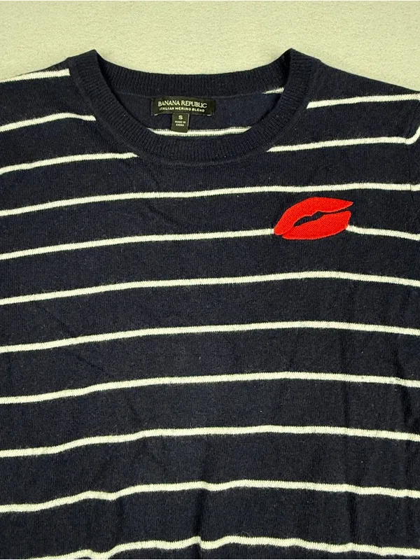 Banana Republic Merino Wool Sweater S Navy Stripe Red Lips Embroidered Preppy - Image 2