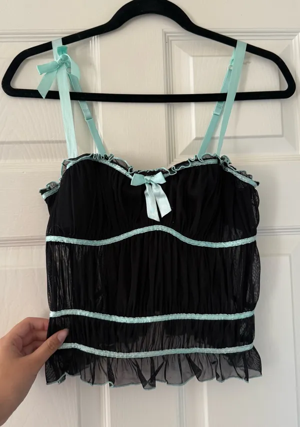 Y2K Bebe Blue and Black Bow Detail Ruffle Trim Corset Bustier Top - Image 2