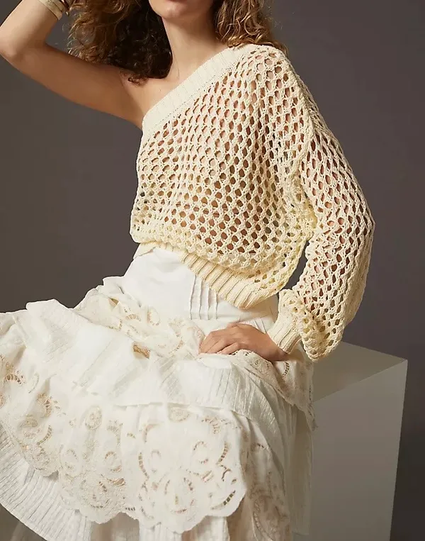 Anthropologie Maeve One-Shoulder Crochet Layer/ Sweater, One Size - Image 3