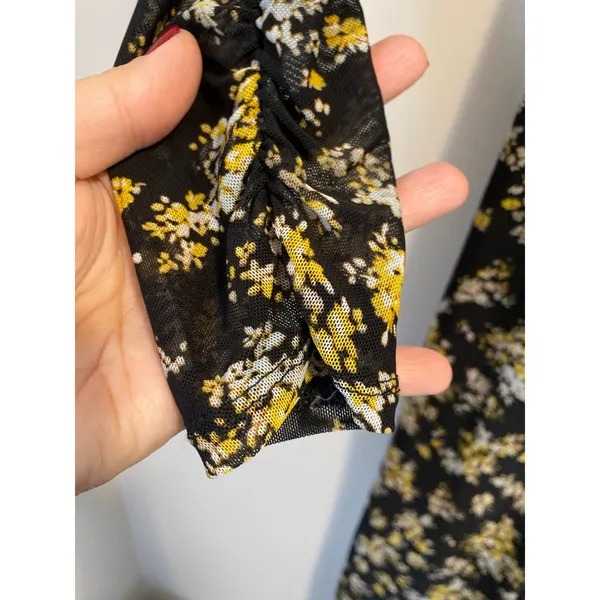 AFRM Tezza Black & Yellow Floral Ruched Mesh Midi Long Sleeves Dress Womens XS - Image 5