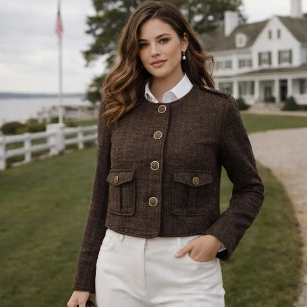 Cartonnier Tweed Equestrian Women Jacket Sz 4 Brown Preppy Cropped Anthropologie - Image 2