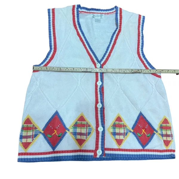 Preston & York Sport Vintage Argyle Golf Sweater Vest Cream Blue‎ Red sz L - Image 5