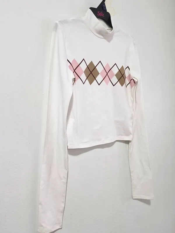 Hollister Argyle Long Sleeve Crop Top - White - Size S - 339-663-1111-108 - Image 4