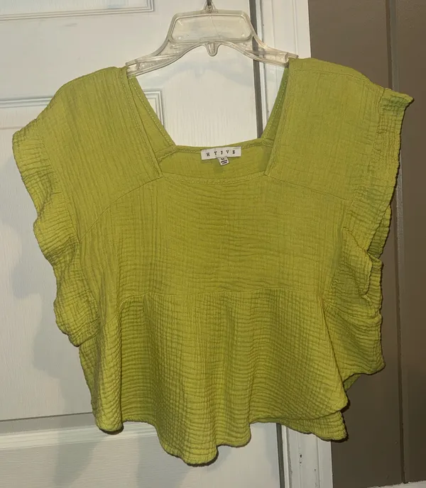 Hyvfe Lime Green Textured Ruffle Sleeve linen type material Top - Image 2