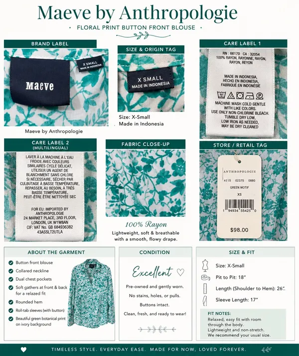 827 Maeve Anthropologie Floral Blouse Women X-Small Coastal Boho - Image 12