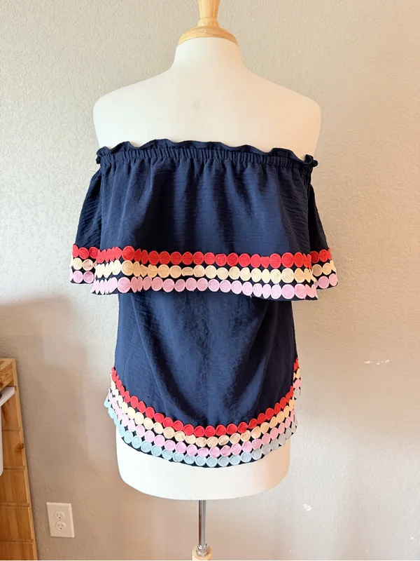 Entro Navy Off Shoulder Ruffle Top Small Colorful Embroidered Trim - Image 3