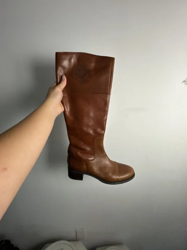 Etienne Aigner Women's Brown Leather Knee High Riding Boots with Crest Logo - Image 2