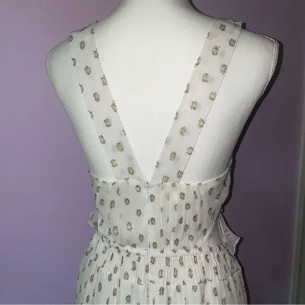 NEW En Creme Maxi Dress M Boho Metallic Polka Dot Cutout Ruffle Tiered - Image 9