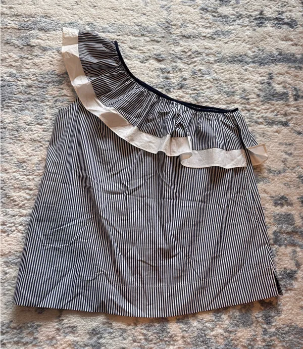 J.Crew One-Shoulder Ruffle Top - Blue and White Stripe - Image 2