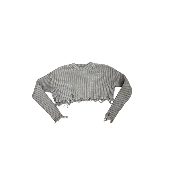 Zara Foil Silver Distressed Frayed Chunky Ribbed Crop Sweater Size Small - Image 3