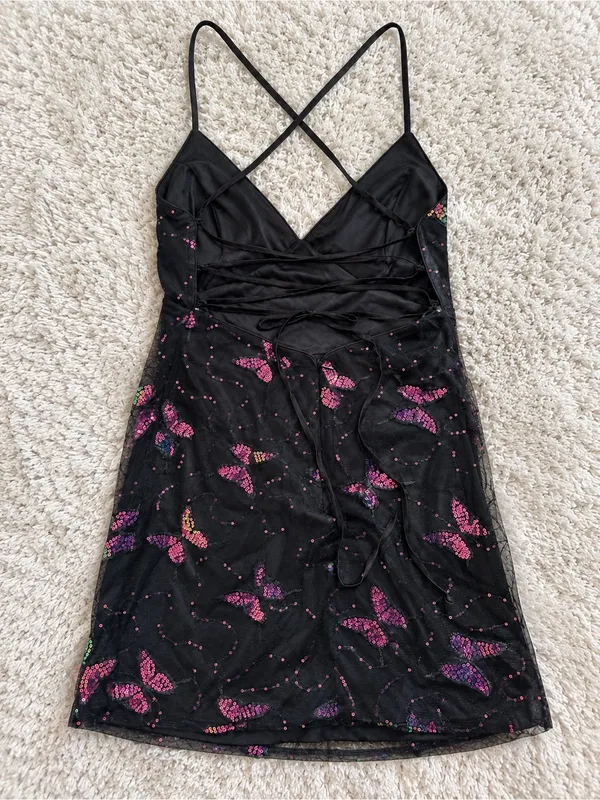 Lulus Social Sweetheart Sequin Butterfly Lace-Up Mini Dress – Black/Pink – L - Image 9