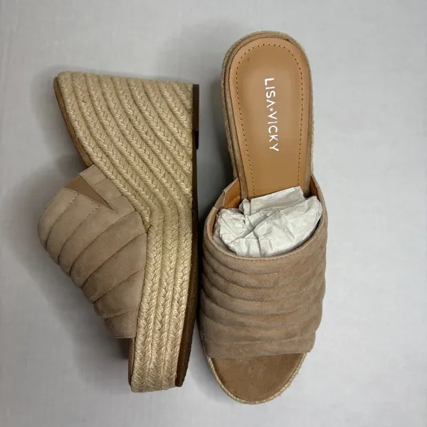 Lisa Vicky Tan‎ Camel Kid Suede Wedge Espadrille Platform Sandal Mules Size 9 - Image 3