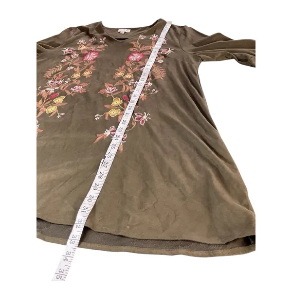 Umgee Boho Dark Green Floral Embroidered Faux Suede‎ Ruffle Sleeve Tunic Dress L - Image 7