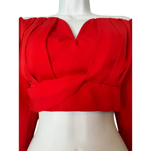 Banjul‎ Red Off Shoulder Long Sleeve Crop Top Bell Sleeve Ruffle Sm Resort Sexy - Image 5