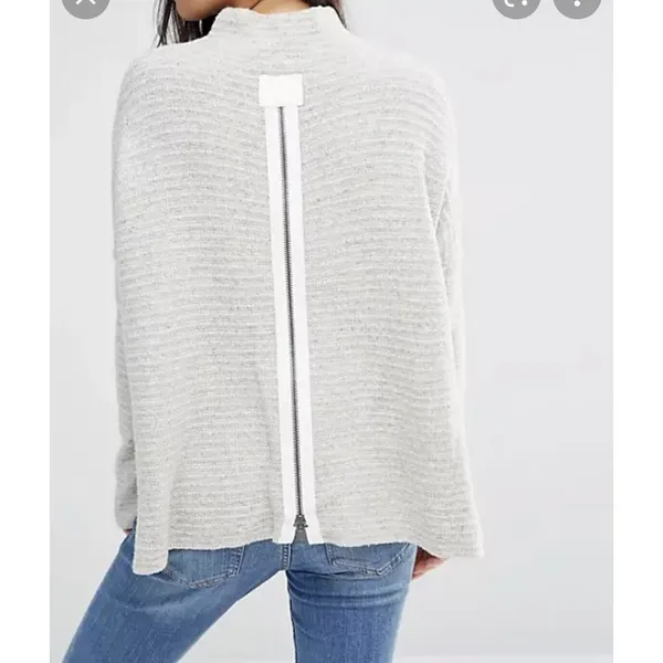 Free People‎ Cream Arctic Fox Mock Neck Zip Back Oversized Wool Blend Sweater S - Image 2