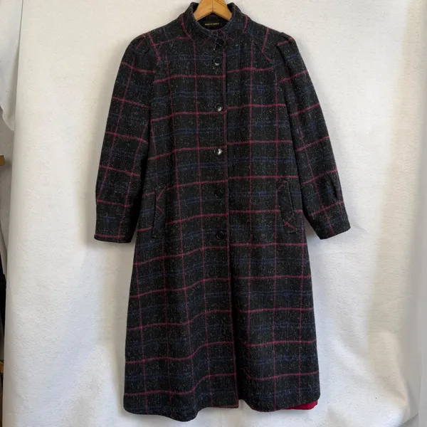 Vintage Plaid Maxi Coat Wool Blend Mock Neck Pink Blue Gray Womens Large‎ Mexico - Image 7