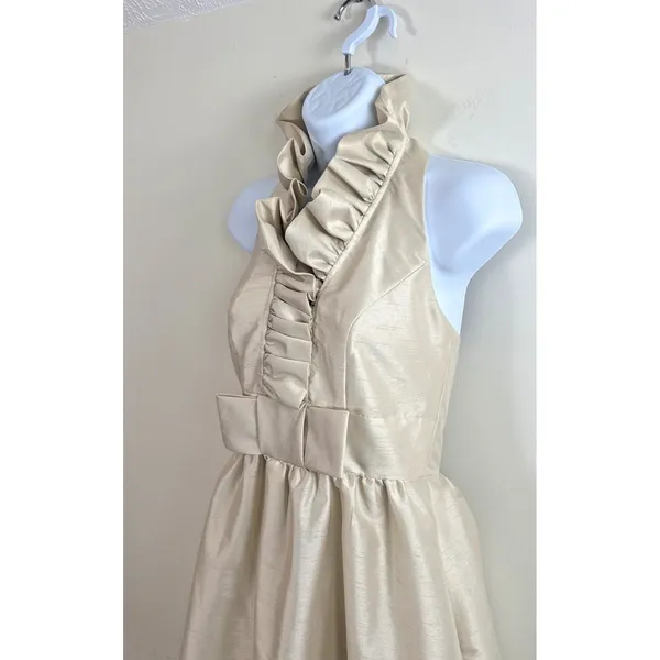 Alfred Sung Champagne‎ Gold Ruffled Halter Cocktail Dress Sz 0 Bow Waist Detail Knee Length - Image 6