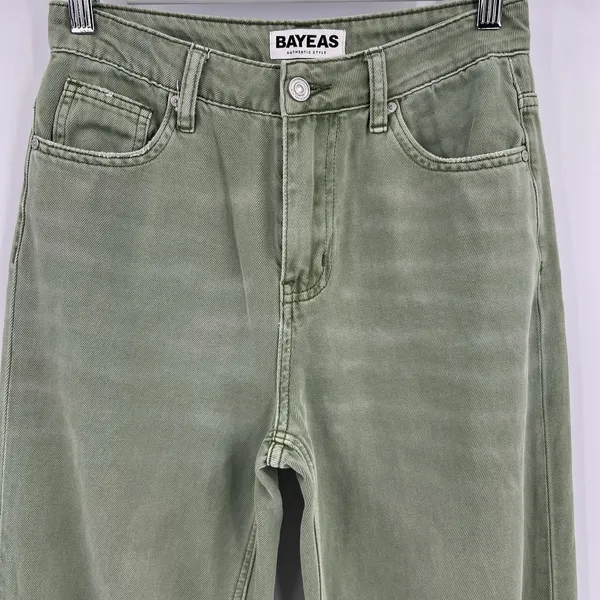 BAYEAS Wide Leg Jeans Green Denim High‎ Rise Raw Hem Distressed Women’s Size 24 - Image 2