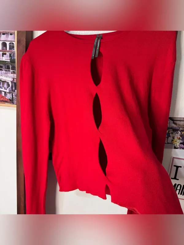 Anthropologie Twisted Cut-Out Sweater Red Knit Viscose Keyhole Long Sleeve Top - Image 5
