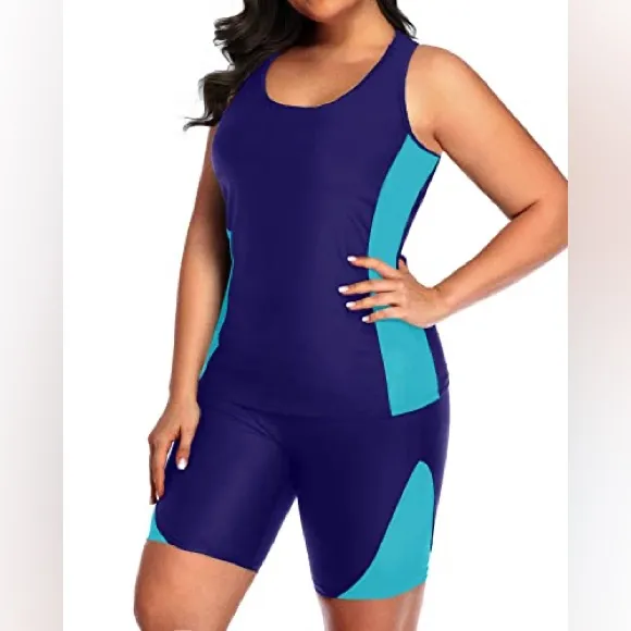 Plus size Tummy Control Tankini Boyshorts Navy Blue - Image 3