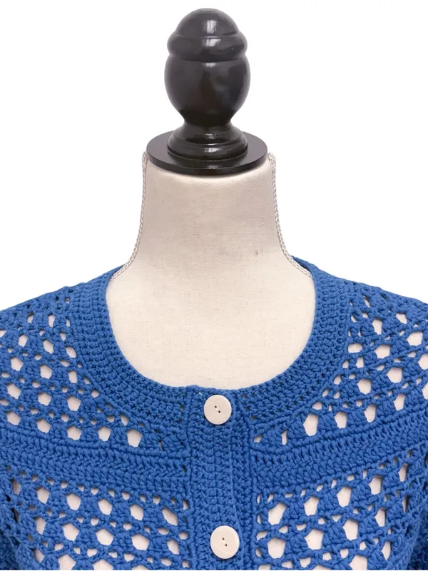 Amour Vert Blue Crochet Open Knit 3/4 Sleeve Cropped Cardigan Sweater Small - Image 2