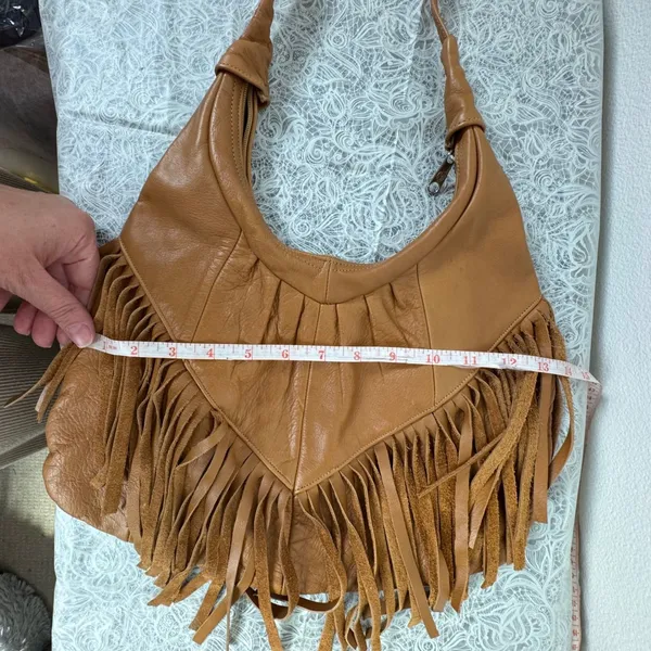 VTG Brown Genuine Leather Fringe Hobo Bag Boho Crossbody Made in Mexico Western - Image 6