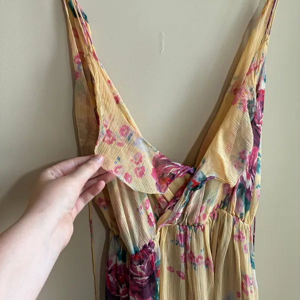 Anthropologie Meadow Rue Floral Silk Ruffle Midi Dress 4 Yellow V-Neck FLAW - Image 2