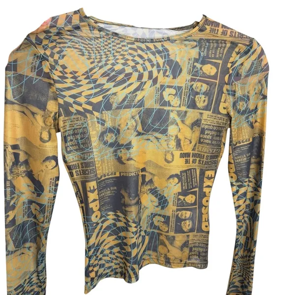 MIAOU Long Sleeve Tee in Wanted Size XS Grunge Streetwear Sheer Magazine‎ Print - Image 4