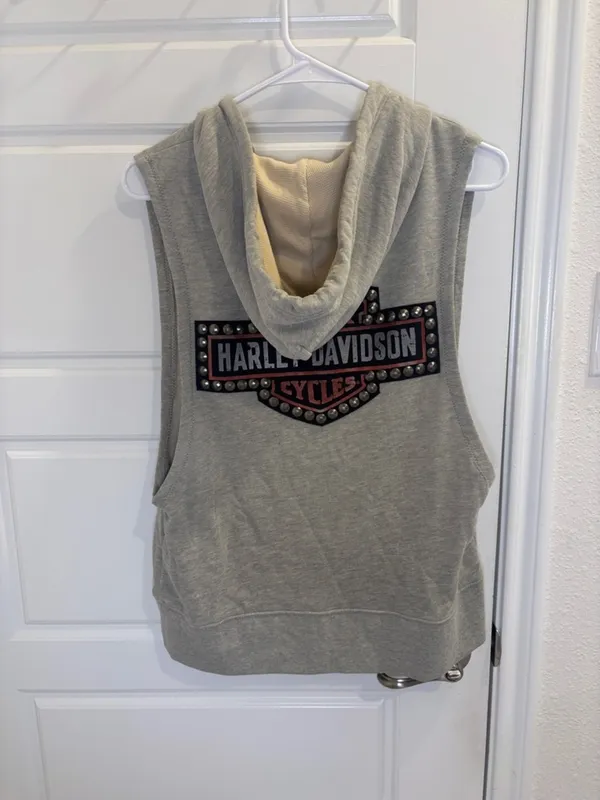 Harley-Davidson NWT Sleeveless Hoodie Vest Gray Studded Logo Biker Y2K - Image 5
