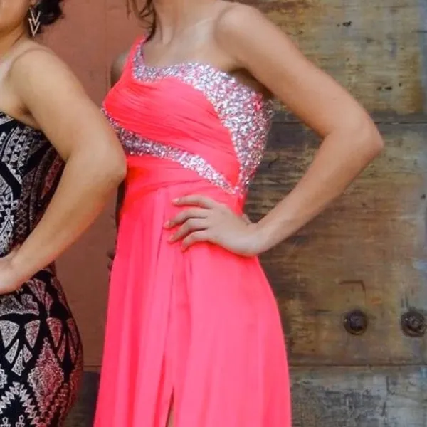 Hot Pink One Sholder Sparkly Prom Dress - Image 4