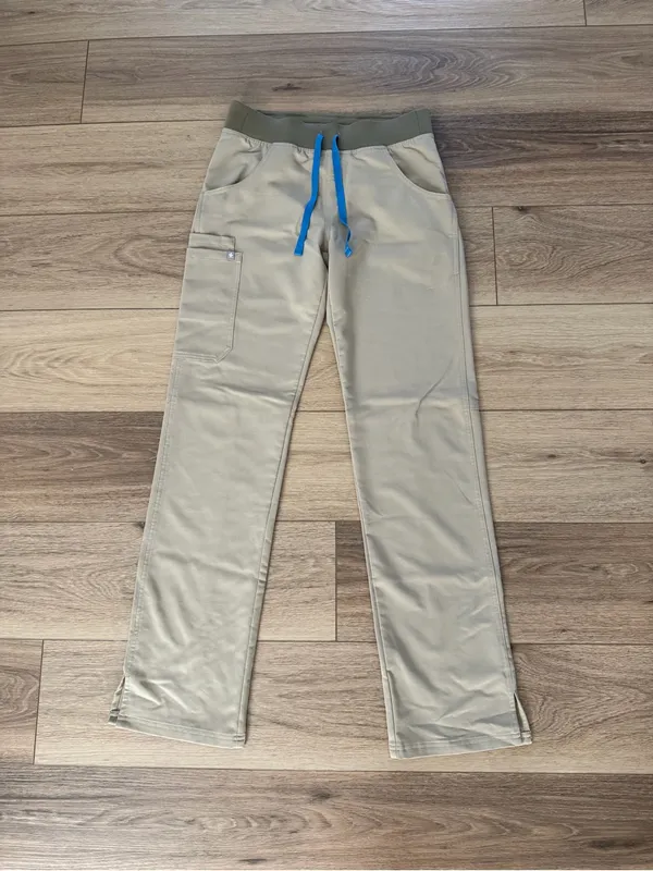 Figs Men's Light Beige Jogger Pants with Olive Waistband and Blue Drawstring - Image 2
