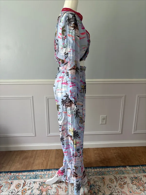 NWT TAJ by Sabrina Crippa Light Blue Tropical V-Neck Two-Piece Set Sz S Luxury - Image 9