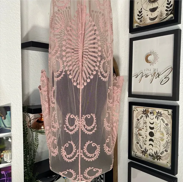 American Flirt Pink Lace Duster Kimono Sheer Mesh Long Cardigan - Image 2
