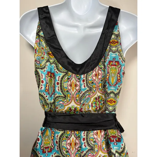 LulaKate Paisley Silk Dress Multicolor Satin Trim Belted Cocktail Boho Size 10 - Image 7