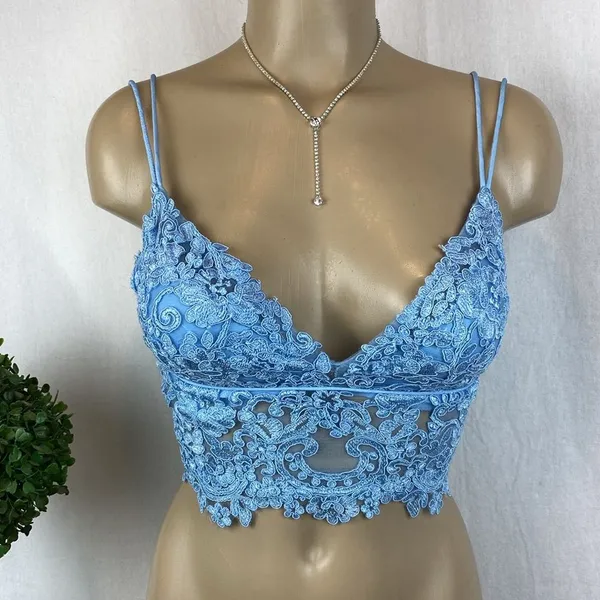 Sherri Hill Blue Lace Crop Bralette Sleeveless Top 0 - Image 2