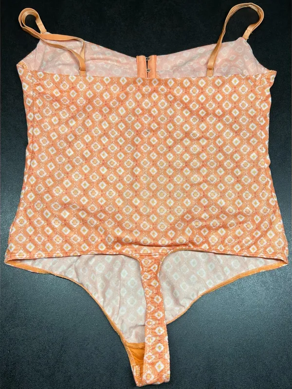 Free People Intimately Fp Size L Floral Mesh Neon Peach Corset Bodysuit - Image 6