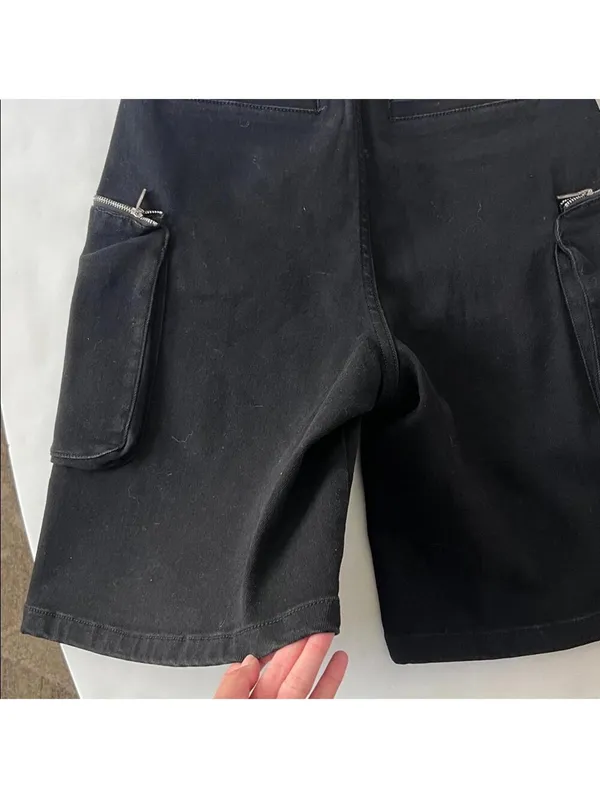 Black Y2K Skater Grunge Goth Edgy Long Cotton Denim Bermuda Shorts Zip Cargo S - Image 6