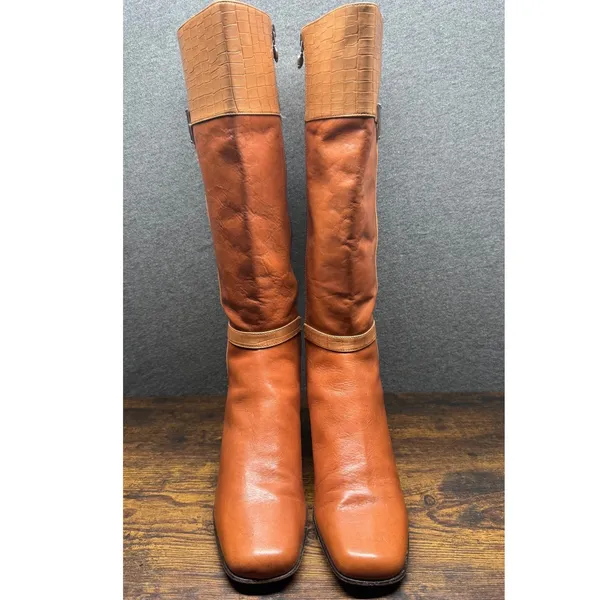Brighton Gwen Boots Women 7.5 M Brown Leather Tall Knee High Croc Italy - Image 2