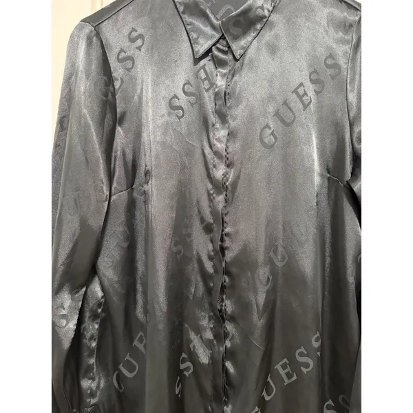 Vintage Guess Los Angeles Black Satin Logo Jacquard Button Down Shirt Large - Image 7