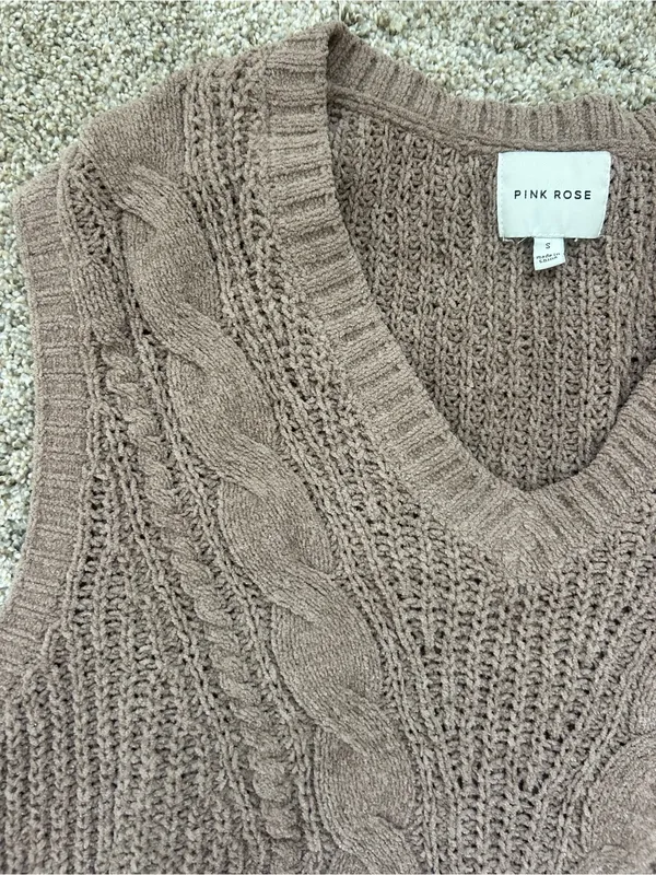 Pink Rose Women's Taupe Cable-Knit V-Neck Sweater Vest - Image 3