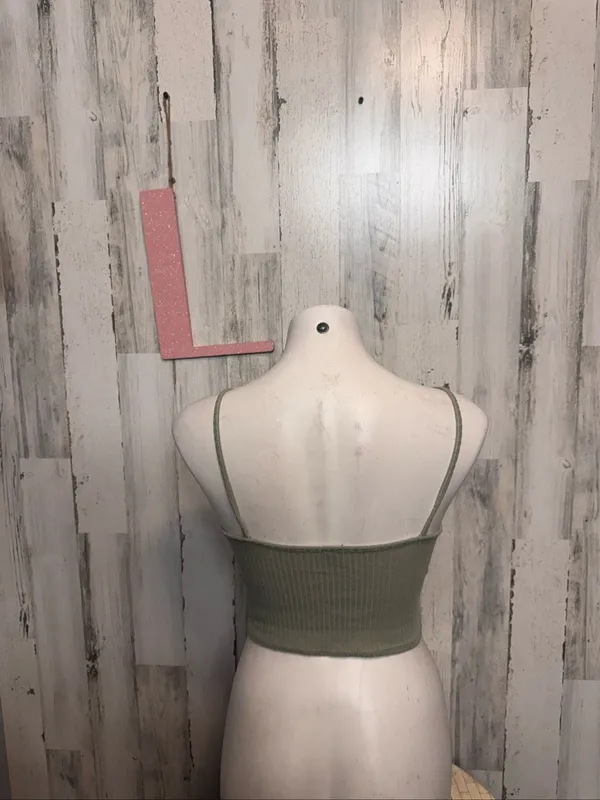 The Classic USA Ribbed Ladder Cutout Cami Crop Top Womens L Olive Sage Green - Image 3