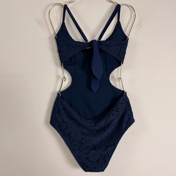 Aerie Navy Blue Crochet Monokini Cutout One Piece Swimsuit‎ Womens Medium Cheeky - Image 2