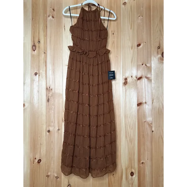 NWT Lulus Madriana Brown Halter Neck Ruffed Midi Dress Bohemian Summer Sz M - Image 2