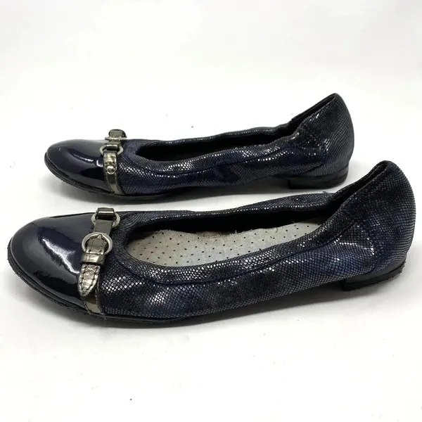 AGL Ballerina Flat‎ Shoes Cap Toe Metallic Patent Leather Navy Blue Size 8.5 - Image 10