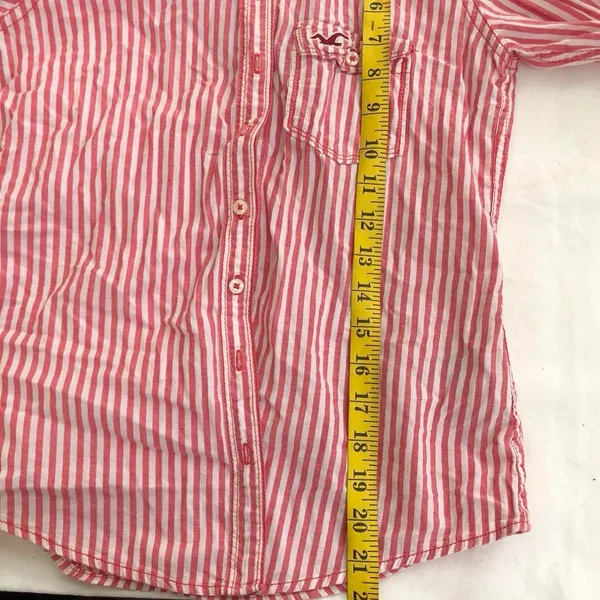 2000s Y2K Hollister Preppy Bloquette Academia Striped Logo Button Up Down Shirt Top Blouse Long Sleeve Pink White Schoolgirl Teacher College Professor University Measurement in pics - Image 5