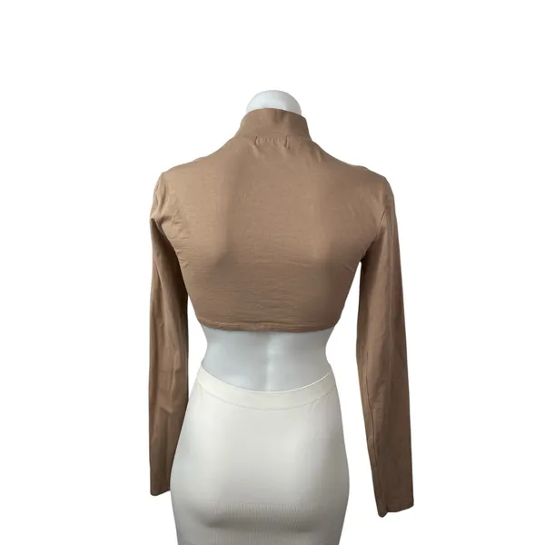 Isalis Womens Brown Tan Cutout Ruched Tie Keyhole Knot Mock Neck Crop Top Size M - Image 4