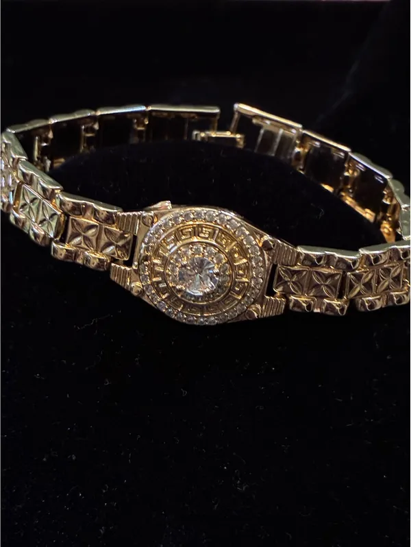 Gold-Tone Greek Key Medallion Link Bracelet – CZ Halo Accent, 0.5" Wide Band 7”L - Image 2